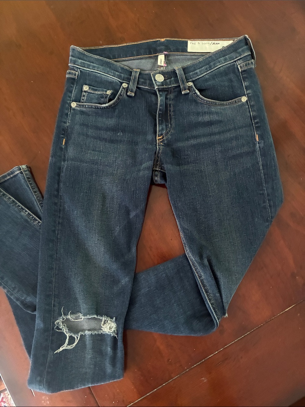 rag & bone Dark Blue Skinny Jeans with Knee Distress